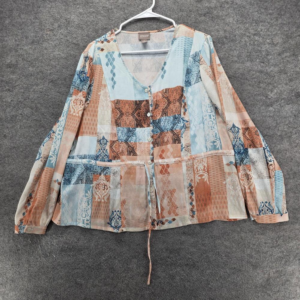 Chico's Boho Blouse Womens Large 2 Patchwork Sheer Button Front Drawstring Multi